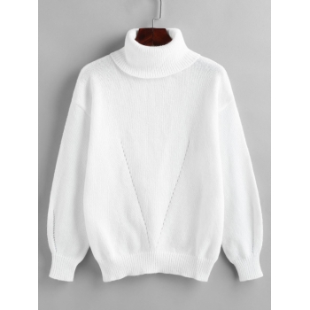 Women Turtleneck Pointelle Knit Drop Shoulder Plain Sweater L White