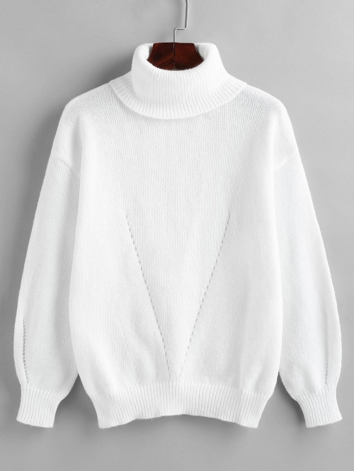 Women Turtleneck Pointelle Knit Drop Shoulder Plain Sweater L White