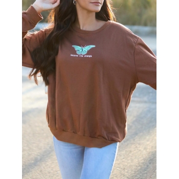 Women Hoodies ZAFUL Butterfly Printed Sweatshirt M Deep coffee