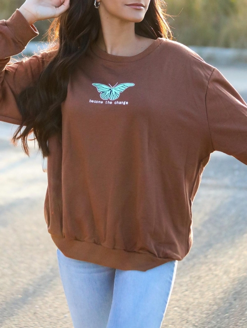 Women Hoodies ZAFUL Butterfly Printed Sweatshirt M Deep coffee