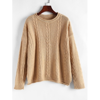 Women Rolled-trim Cable Knit Oversized Sweater Light coffee