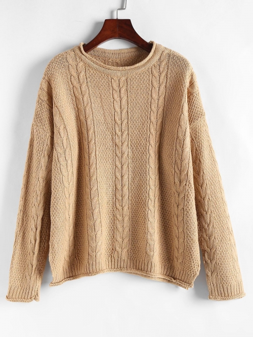 Women Rolled-trim Cable Knit Oversized Sweater Light coffee