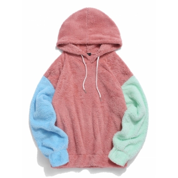 ZAFUL Men's ZAFUL Color-blocking Splicing Fuzzy Fleece Pullover Hoodie M Light coral