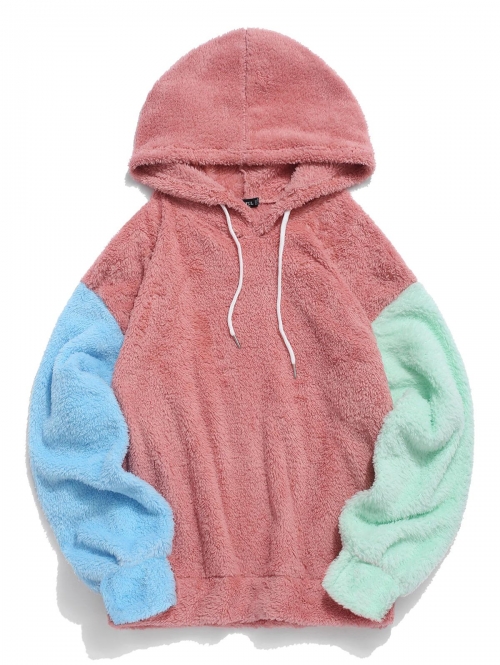 ZAFUL Men's ZAFUL Color-blocking Splicing Fuzzy Fleece Pullover Hoodie 2xl Light coral