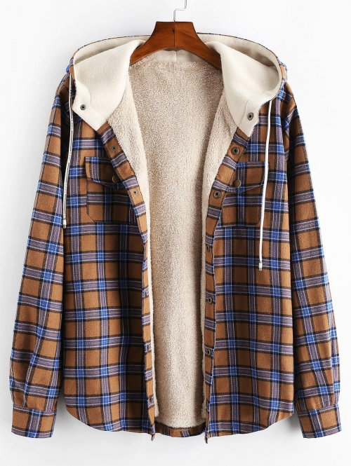 ZAFUL Men's Fuzzy Flannel Plaid Chest Pocket Fleece Drawstring Hooded Vintage Jacket 2xl Camel brown