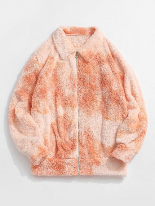 ZAFUL Men's ZAFUL Fluffy Zip Fuzzy Tie Dye Jacket L Apricot