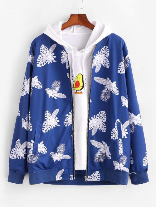 ZAFUL Men's Tropical Leaf Flower Print Zip Up Jacket M Blue