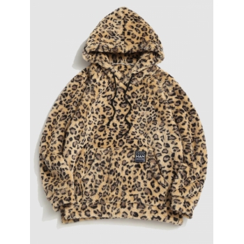 ZAFUL Men's Leopard Pattern Applique Fleece Fluffy Hoodie L Deep yellow