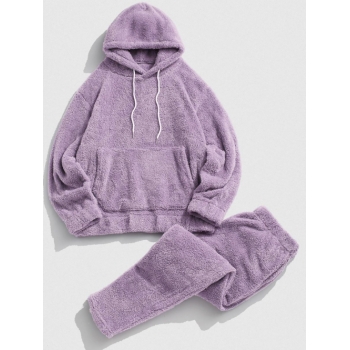 ZAFUL Men's Solid Front Pocket Fluffy Fleece Hoodie And Pants Two Piece Set L Mauve