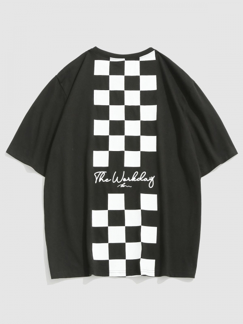 Y2K Aesthetic Letter Checkerboard Graphic Print Short Sleeve T Shirt M Black