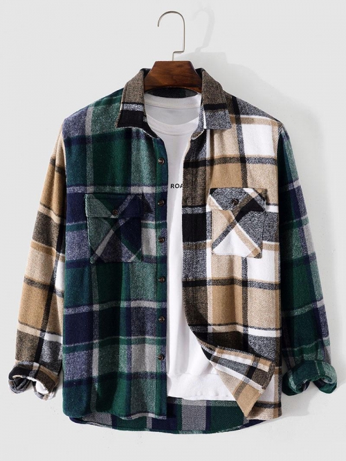 ZAFUL Men's Plaid Patchwork Pocket Flannel Shirt L Coffee