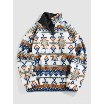 ZAFUL Men's ZAFUL Tribal Ethnic Aztec Printed Quarter Zip Teddy Sweatshirt Xxl White