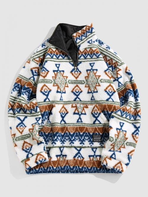 ZAFUL Men's ZAFUL Tribal Ethnic Aztec Printed Quarter Zip Teddy Sweatshirt Xxl White