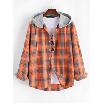 ZAFUL Men's Hooded Plaid Print Button Up Shirt 2xl Dark orange