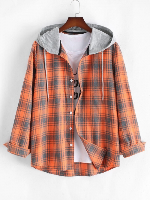 ZAFUL Men's Hooded Plaid Print Button Up Shirt 2xl Dark orange