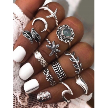 11 Pcs Leaf Starfish Moon Ring Set