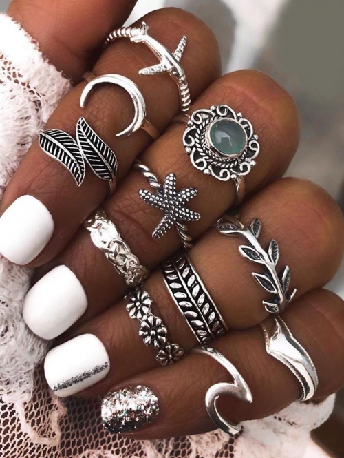 11 Pcs Leaf Starfish Moon Ring Set