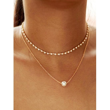 Alloy Faux Pearl Rhinestone Double Layered Necklace For Women