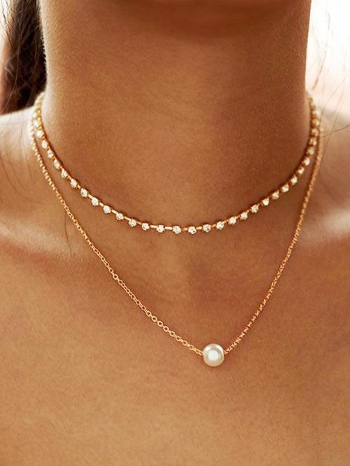 Alloy Faux Pearl Rhinestone Double Layered Necklace For Women