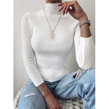 Women Pullover Mock Neck Plain Slim Sweater White