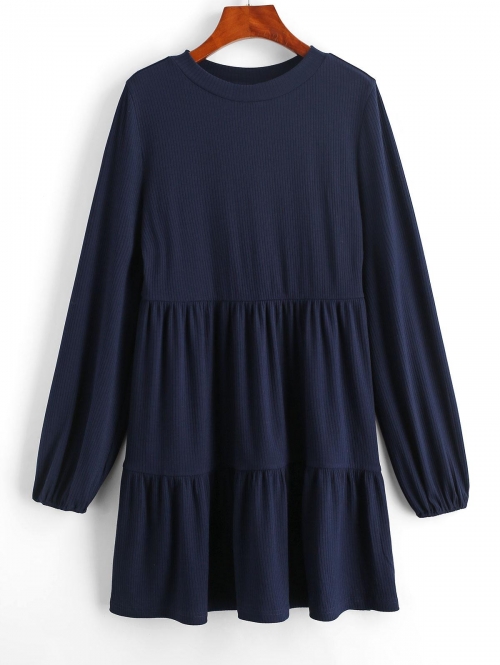 Casual ZAFUL Ribbed Long Sleeve Mini Smock Dress Xl Deep blue