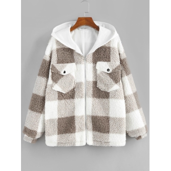 ZAFUL Plaid Hooded Pocket Drop Shoulder Teddy Coat M Light khaki