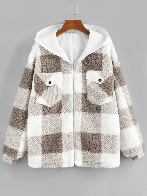 ZAFUL Plaid Hooded Pocket Drop Shoulder Teddy Coat M Light khaki