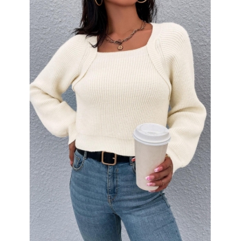 Women Sqaure Neck Raglan Sleeve Shrug-cut Sweater L White