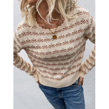 Women Crew Neck Floral Scalloped Trim Sweater M Light coffee