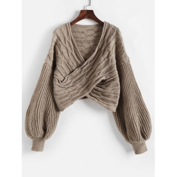 Women Lantern Sleeve Cable Knit Criss Cross Sweater Coffee