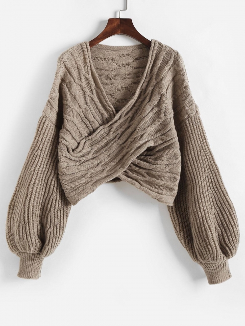 Women Lantern Sleeve Cable Knit Criss Cross Sweater Coffee