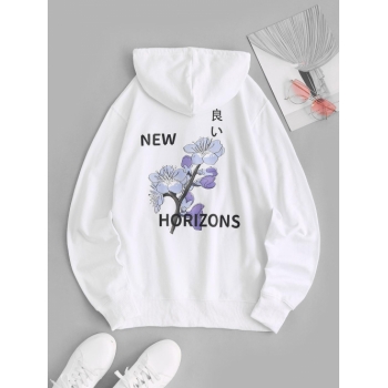 Women Hoodies Cotton Flower Graphic Kangaroo Pocket Hoodie L White