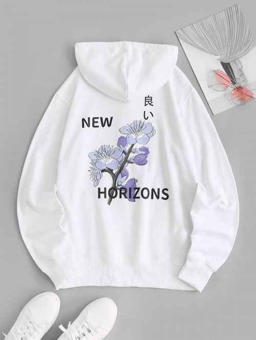 Women Hoodies Cotton Flower Graphic Kangaroo Pocket Hoodie L White