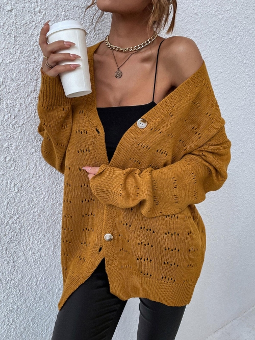 Slouchy Openwork Detail Button Up Cardigan M Coffee