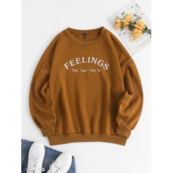 Women Hoodies Crewneck FEELINGS Embroidered Fleece-lined Sweatshirt M Coffee