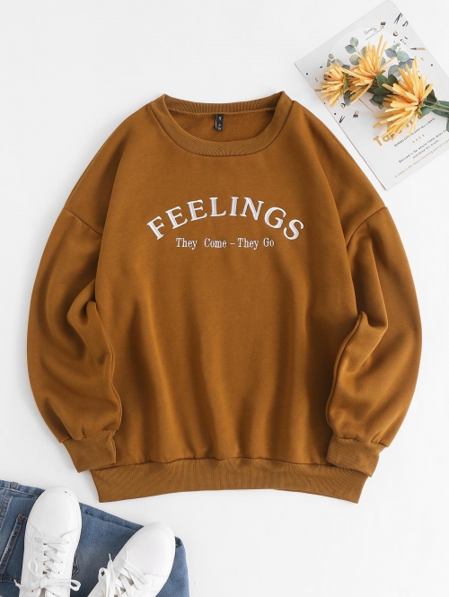 Women Hoodies Crewneck FEELINGS Embroidered Fleece-lined Sweatshirt M Coffee