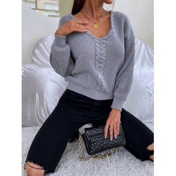 Women V Neck Lattice Back Cable Knit Sweater M Gray