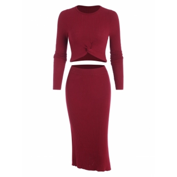 Wide Rib Twist Knit Slinky Two Piece Dress M Deep red