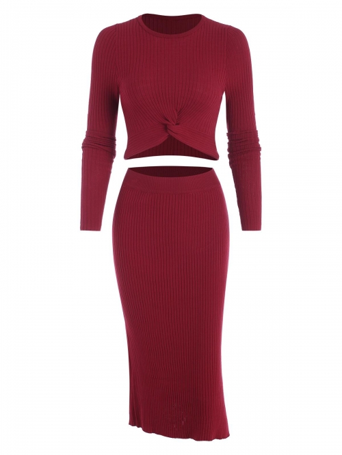 Wide Rib Twist Knit Slinky Two Piece Dress M Deep red