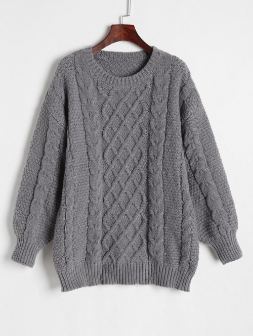 Women Cable Knit Chunky Fisherman Sweater S Gray