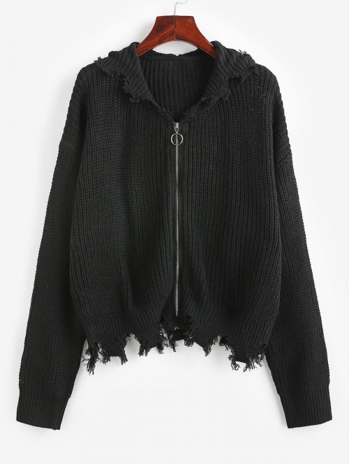 Hooded Zip Up Distressed Cardigan S Black