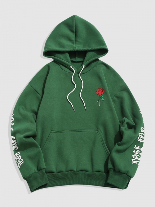 ZAFUL Men's Rose Letter Fleece Kangaroo Pocket Pullover Hoodie L Deep green