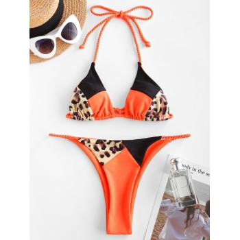 ZAFUL Leopard Colorblock Braided Strap String Bikini Swimwear S Dark orange