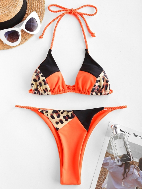 ZAFUL Leopard Colorblock Braided Strap String Bikini Swimwear S Dark orange