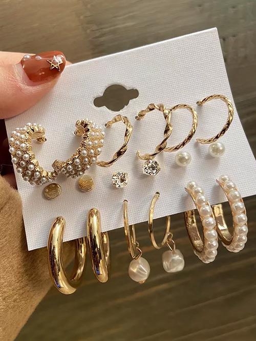 Cute Earrings 9Pairs Faux Pearl Alloy Cuff Earrings Set By ZAFUL