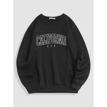 ZAFUL Men's Streetwear California Contrasting Letter Fleece-lined Crewneck Vintage Sweatshirt L Black