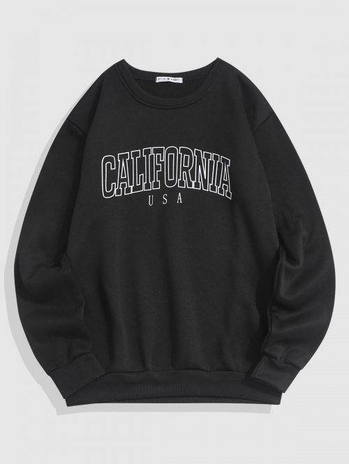 ZAFUL Men's Streetwear California Contrasting Letter Fleece-lined Crewneck Vintage Sweatshirt L Black