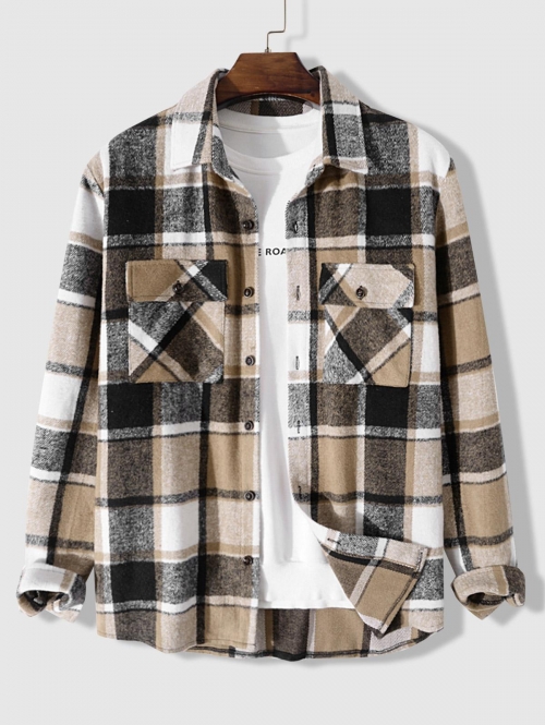 ZAFUL Men's Plaid Pattern Pocket Design Shacket L Coffee