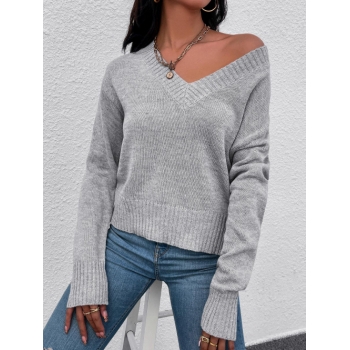 Women Drop Shoulder Solid V Neck Sweater L Dark gray