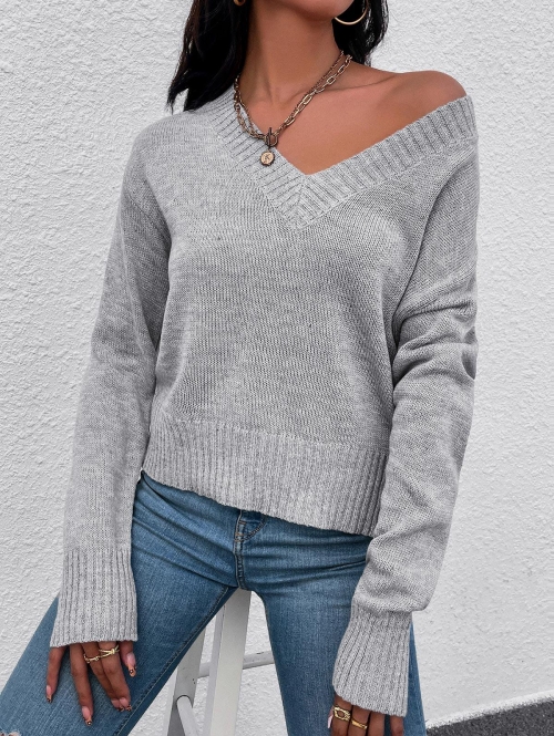 Women Drop Shoulder Solid V Neck Sweater L Dark gray